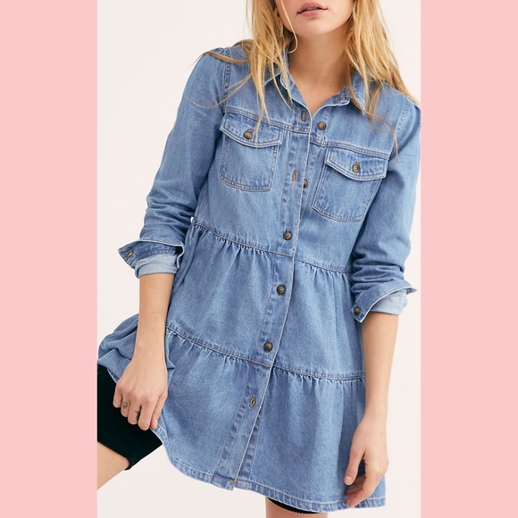 5 ⭐️ Free People Nicole Denim Shirt Dress Tunic - Picture 3 of 6